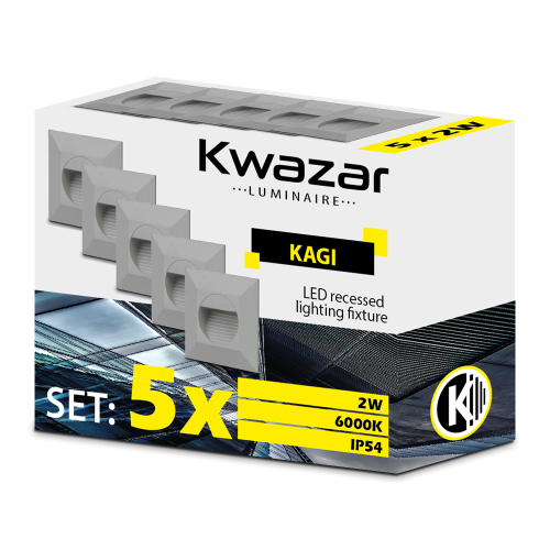 ZESTAW 5x lampa schodowa wpuszczana LED 2W IP54 PREMIUM KAGI szara