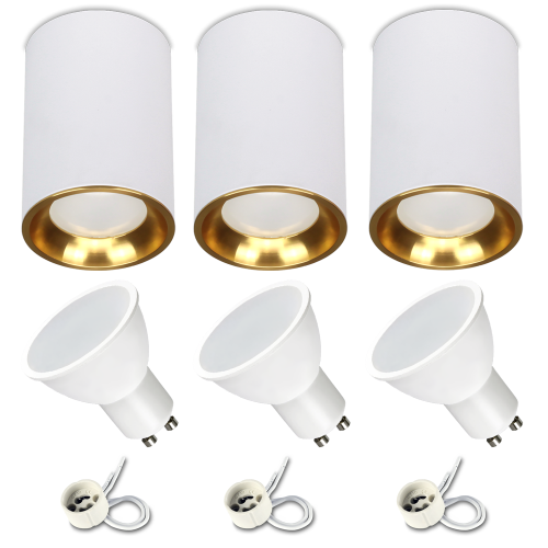 Zestaw 3x Spot sufitowy tuba VAX  biały złoty + żarówka GU10 7W 3000K