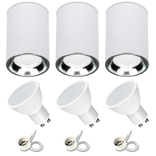 Zestaw 3x Spot sufitowy tuba VAX biały srebrny + żarówka GU10 7W 3000K