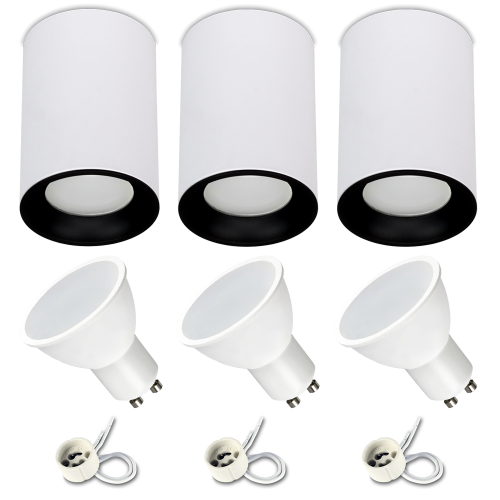 Zestaw 3x Spot sufitowy tuba VAX biały czarny + żarówka GU10 7W 4000K