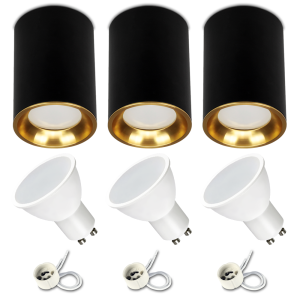 Zestaw 3x Spot sufitowy tuba VAX czarny złoty + żarówka GU10 7W 4000K