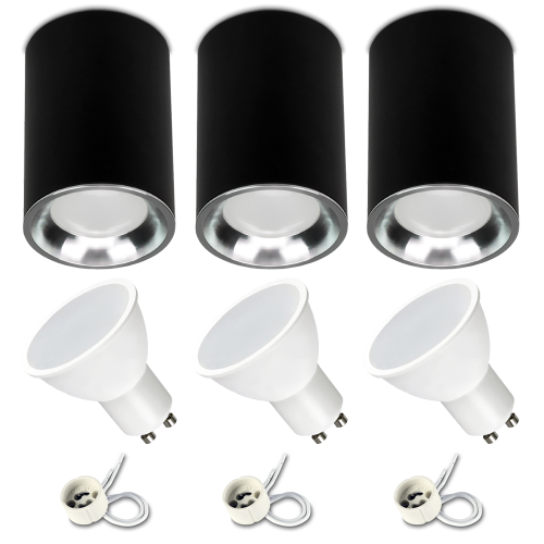 Zestaw 3x Spot sufitowy tuba VAX czarny srebrny + żarówka GU10 7W 4000K